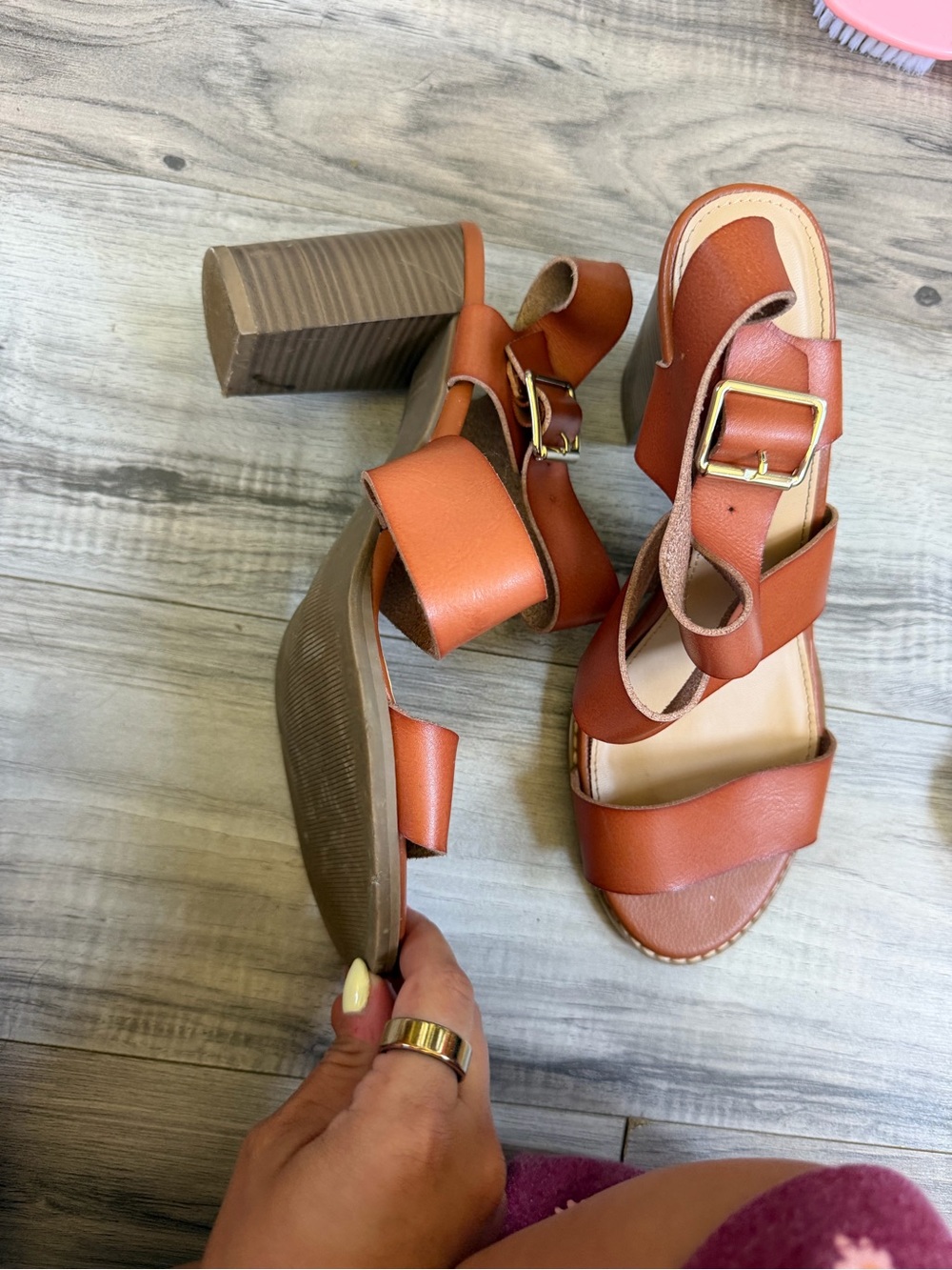 Old Navy Cognac Tan Block Heel Sandals with Buckle